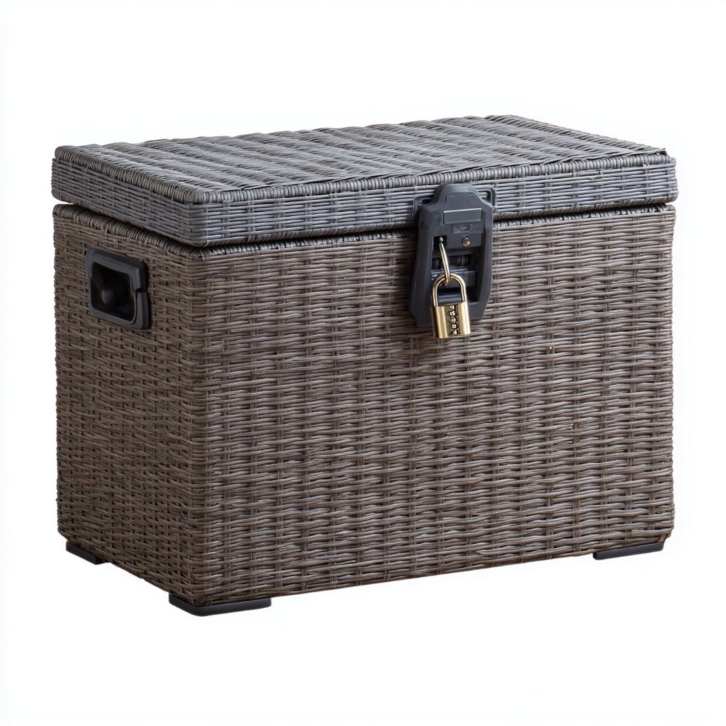 Coffre de jardin rectangulaire en résine tressée grise avec couvercle et verrou