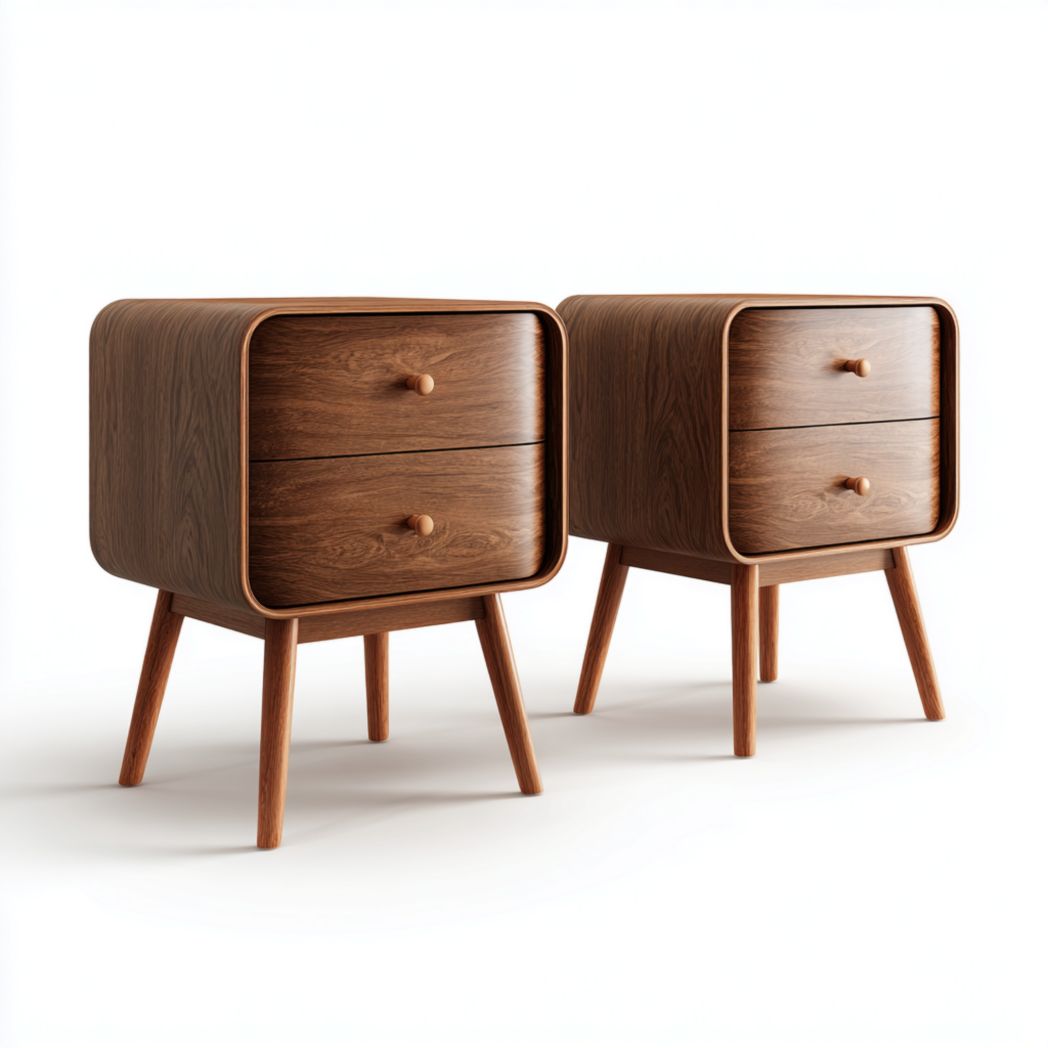 Lot de 2 tables de chevet en bois noyer foncé avec coins arrondis et deux tiroirs