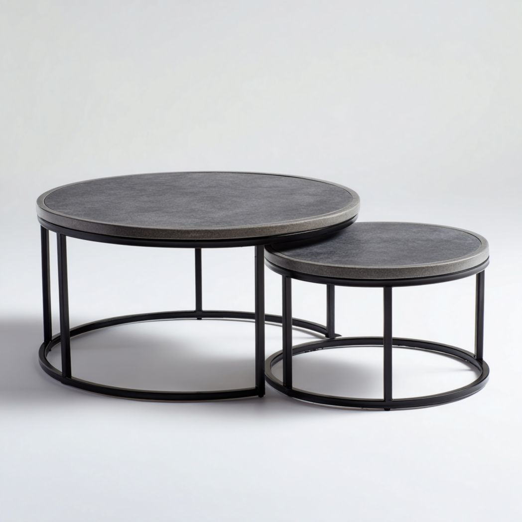 Ensemble de deux tables basses rondes avec plateau en pierre et structure métallique noire
