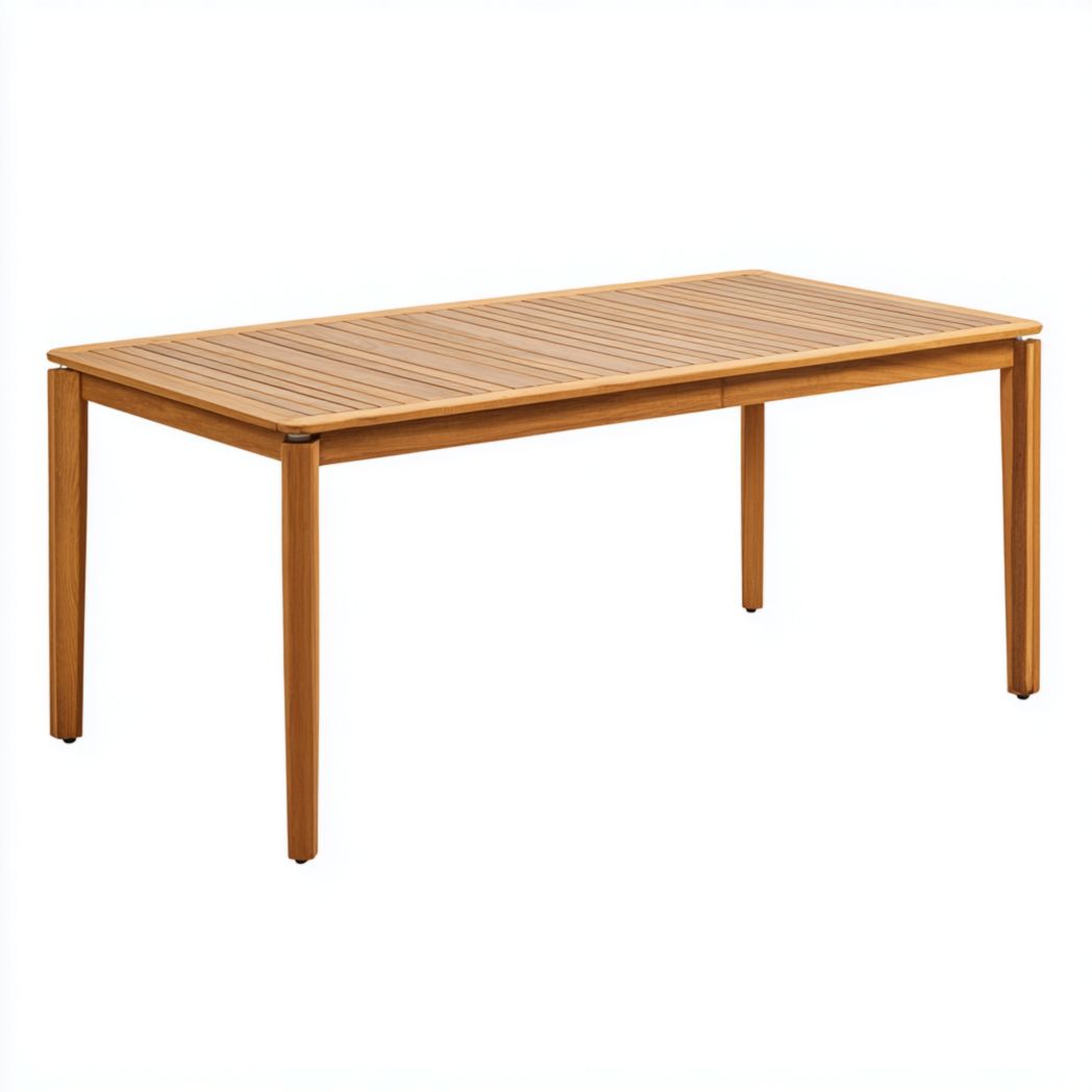 Table de jardin rectangulaire en bois clair avec plateau à lattes et pieds droits