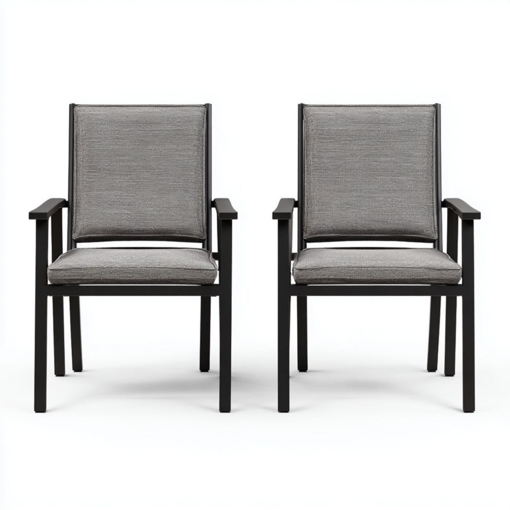 Lot de deux fauteuils de jardin en métal noir avec coussins gris