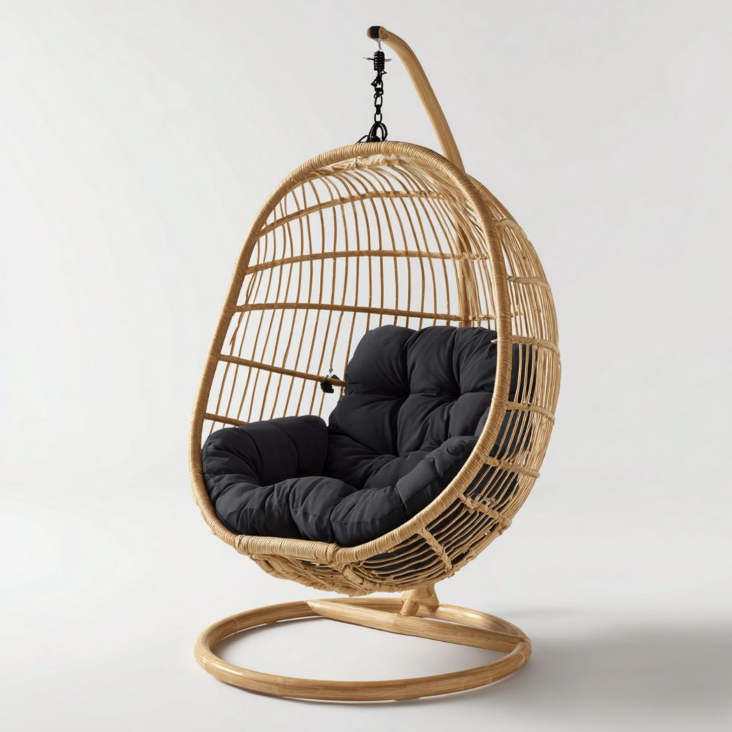 Fauteuil suspendu en rotin naturel avec coussins noirs et chaîne métallique