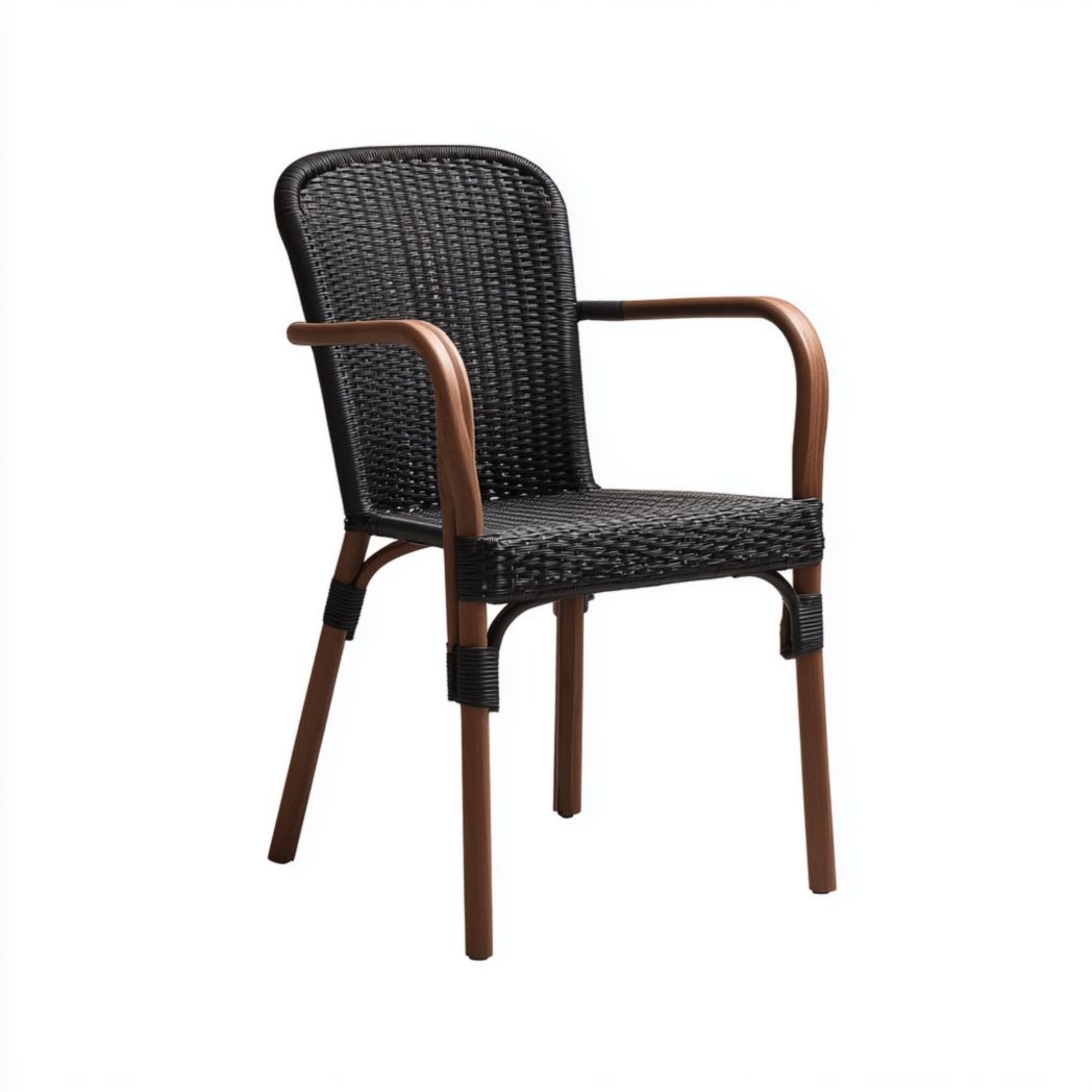 Fauteuil de jardin en rotin synthétique cadre marron assise noire