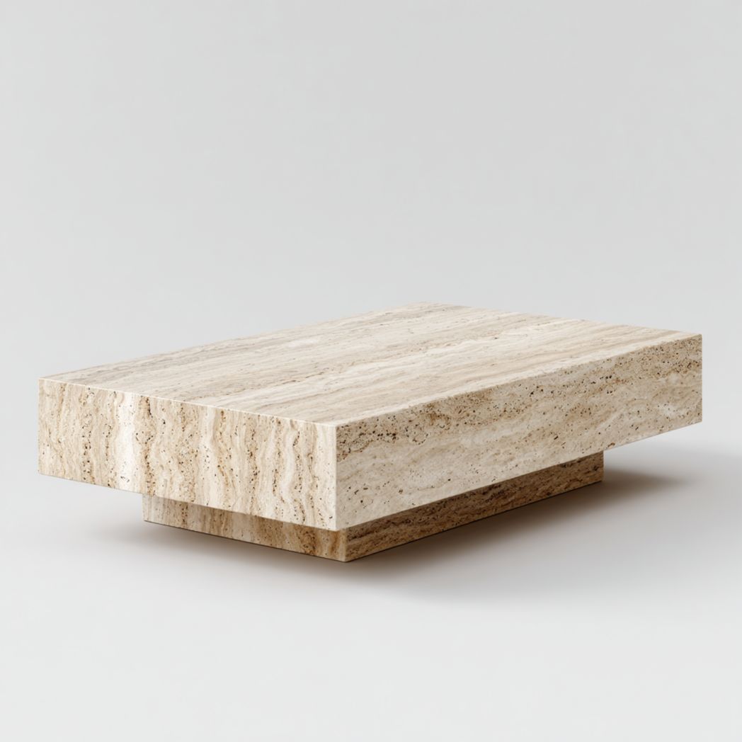 Table basse rectangulaire en pierre beige avec plateau à veinage naturel