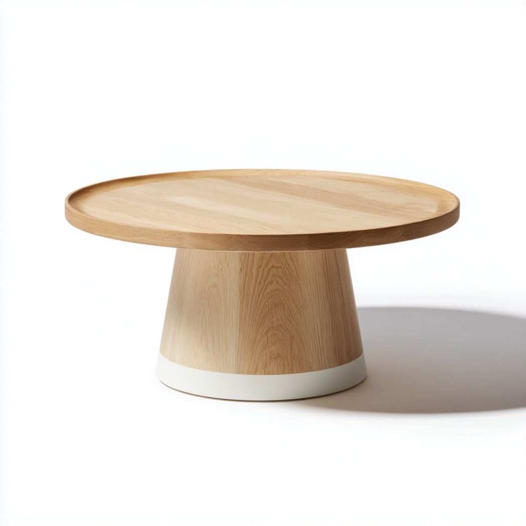 Table basse ronde en bois clair avec base conique et bordure blanche