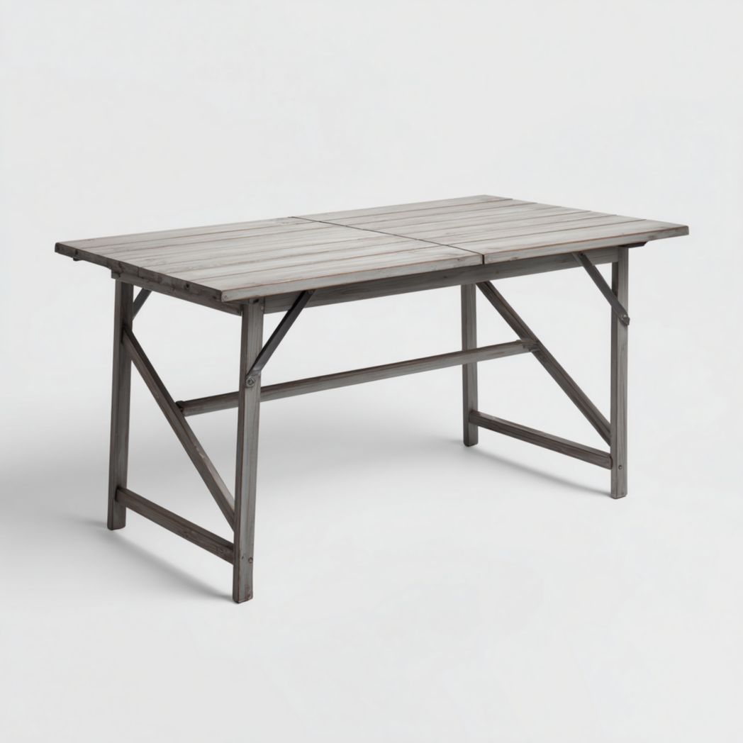 Table de jardin rectangulaire en bois gris délavé, plateau à lattes, avec renforts croisés