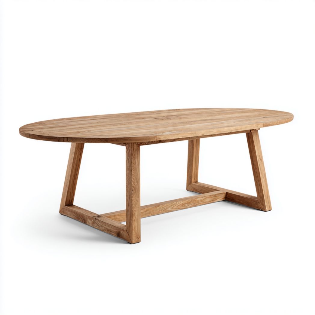 Table de jardin ovale en bois clair, plateau à lattes, structure avec cadres trapézoïdaux