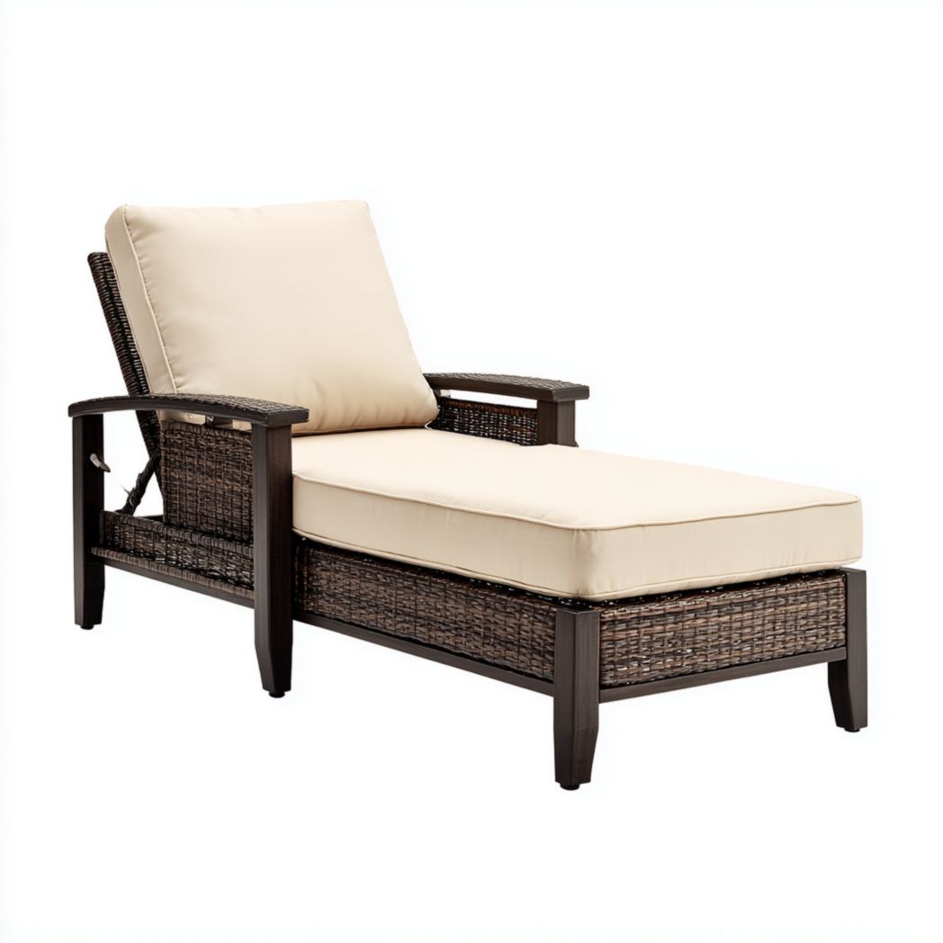 Bain de soleil en résine tressée brun foncé avec coussins beiges et dossier réglable