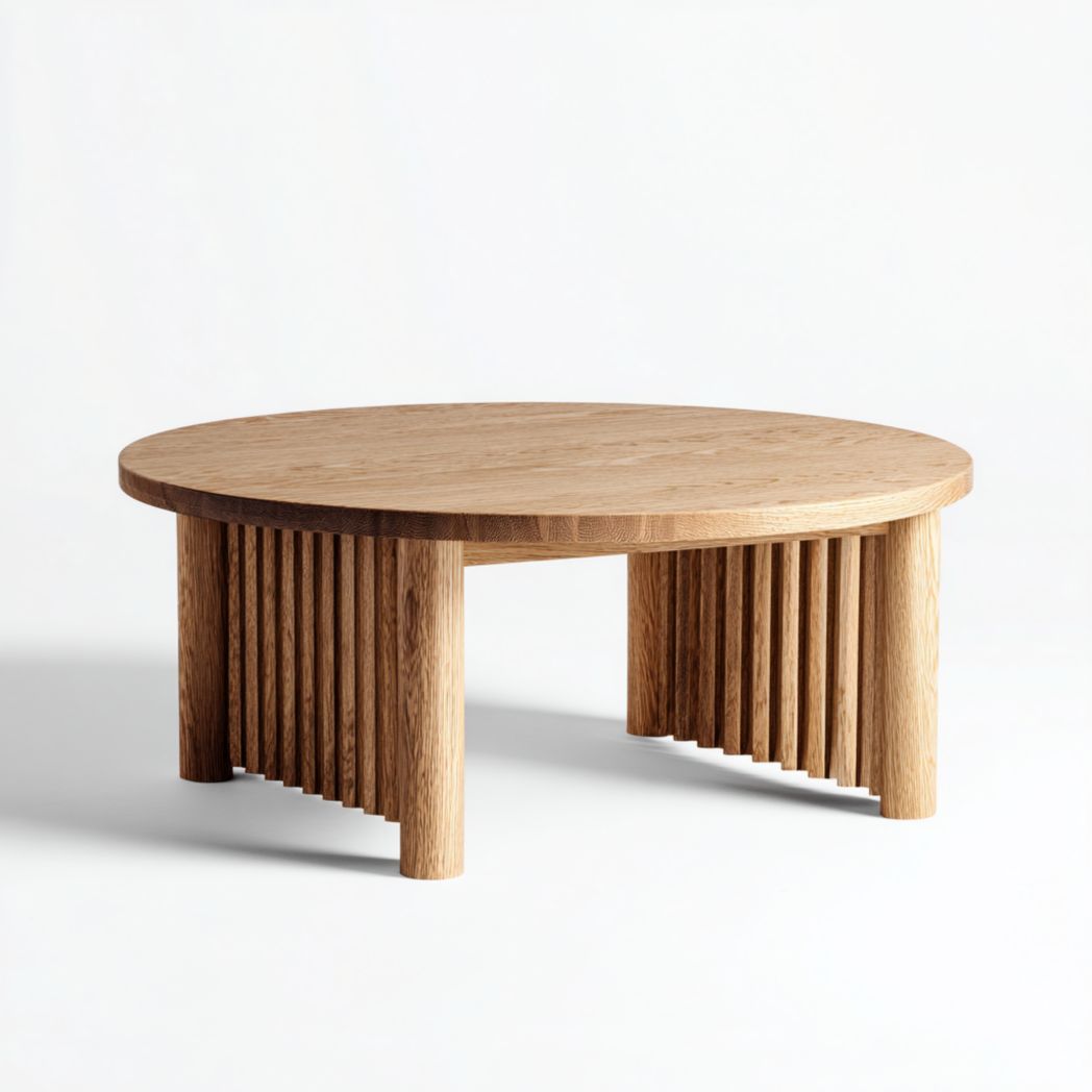 Table basse ronde en bois brun clair avec structure de support à lattes verticales