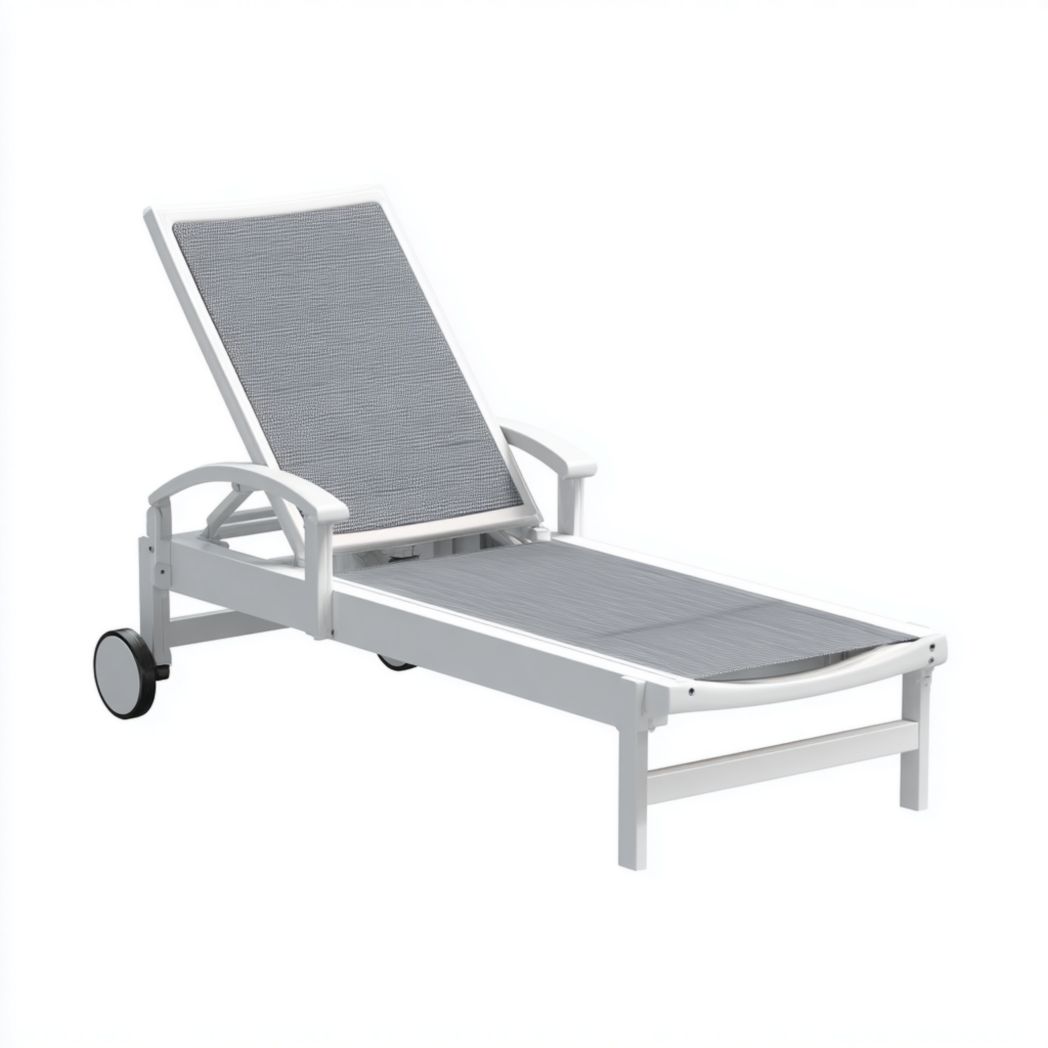 Bain de soleil en aluminium blanc avec toile grise réglable et roulettes sans coussins
