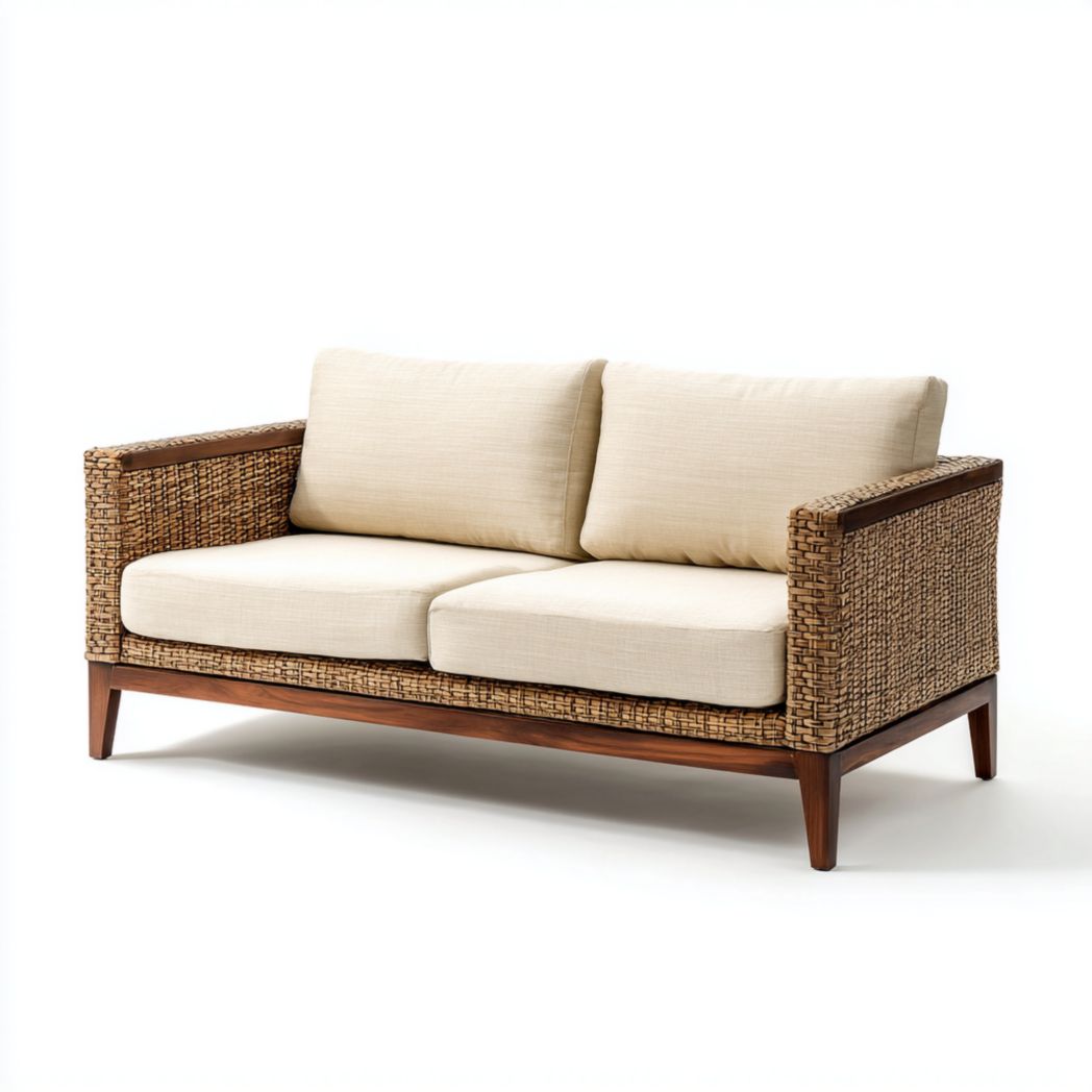 Canapé de jardin en structure tressée brune avec coussins et dossiers beiges deux places