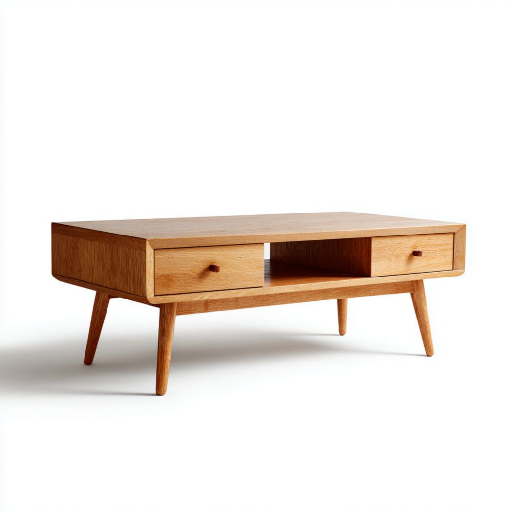 Table basse rectangulaire en bois clair avec deux tiroirs et compartiment ouvert