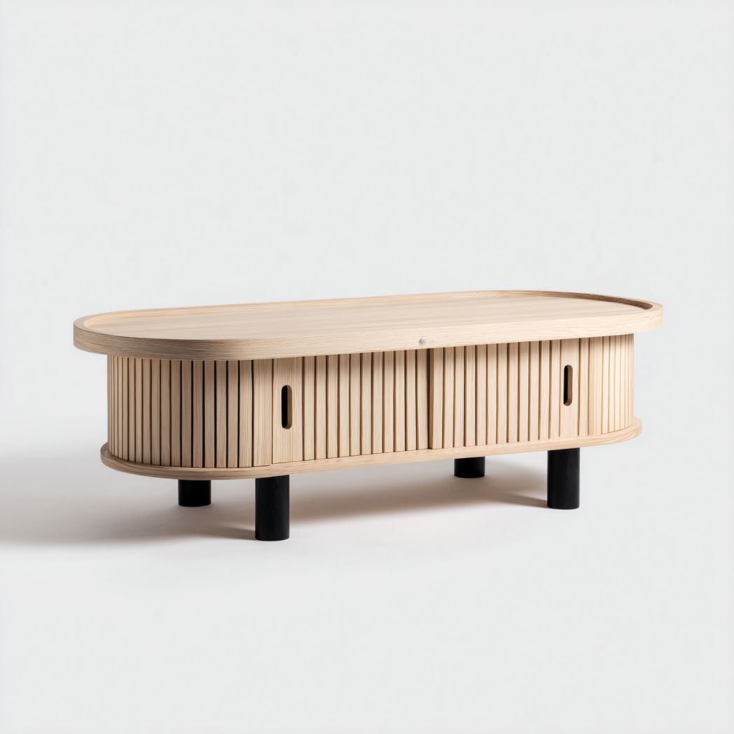 Table basse ovale en bois clair avec portes coulissantes à rainures et pieds cylindriques noirs