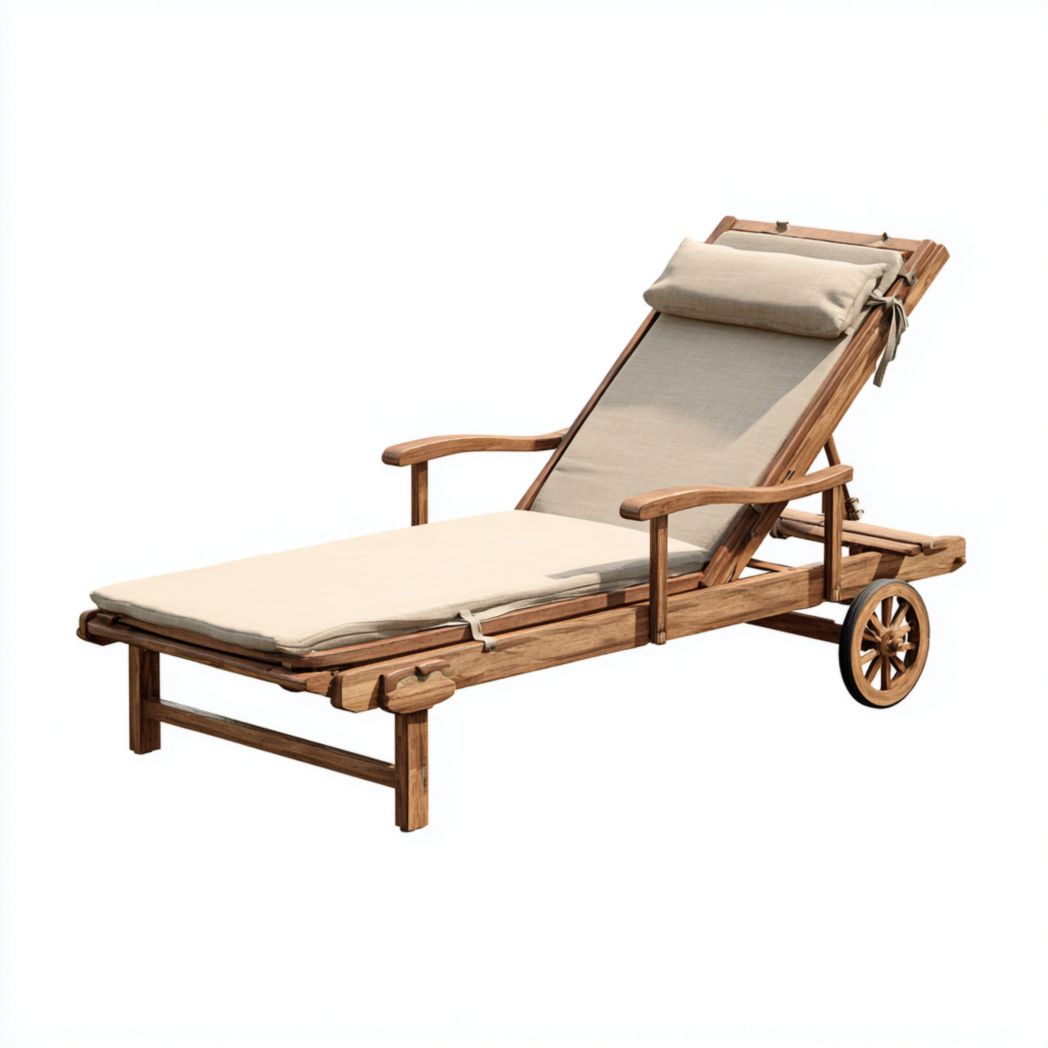Bain de soleil en bois avec coussin et dossier beige, accoudoirs intégrés