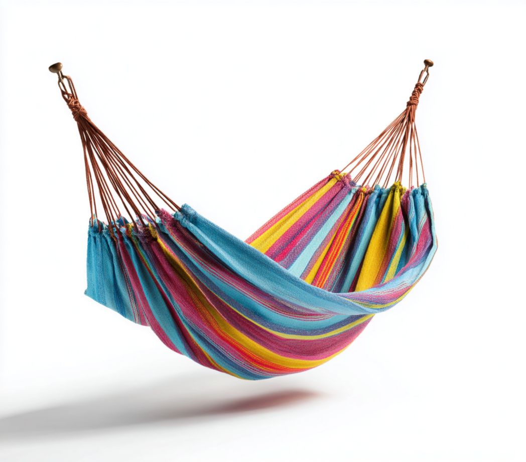 Hamac à rayures bleues, roses et jaunes avec suspension par cordes
