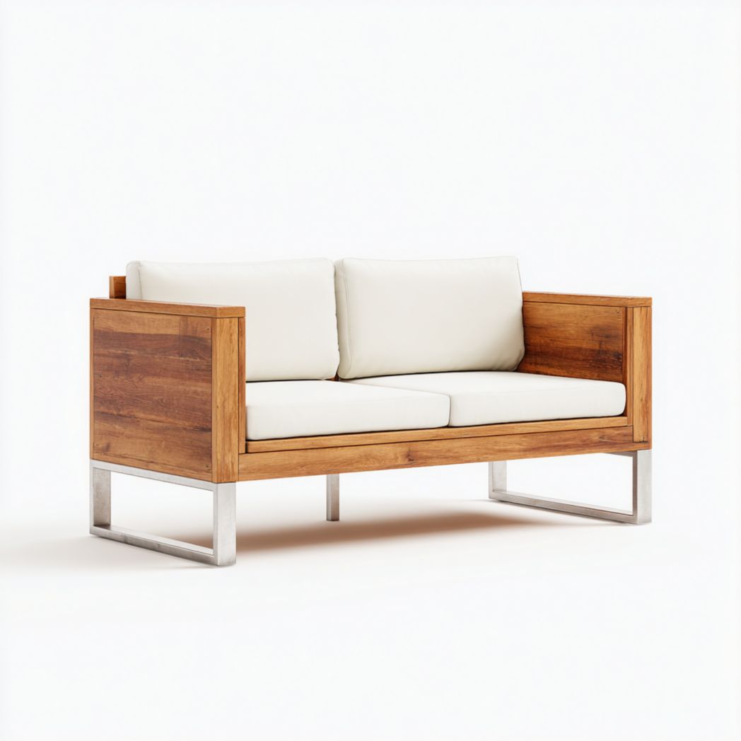 Canapé de jardin deux places en bois et métal avec coussins crème