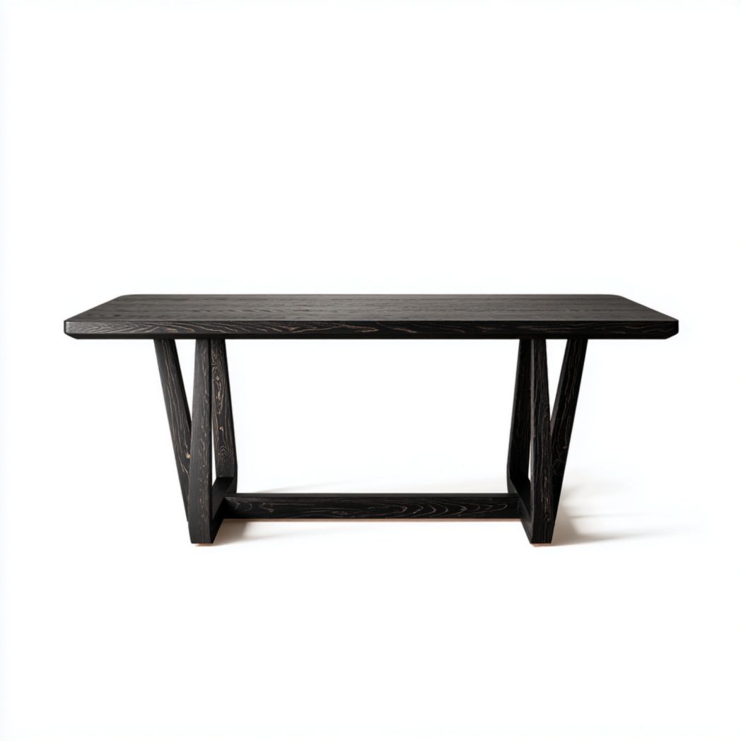 Table de jardin rectangulaire en bois noir, plateau droit, piètement en forme de V