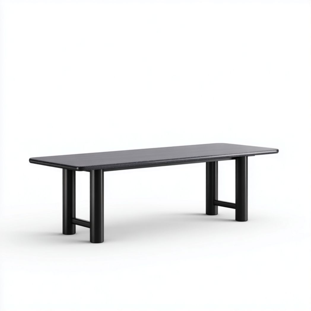 Table de jardin rectangulaire noire, plateau droit, pieds cylindriques