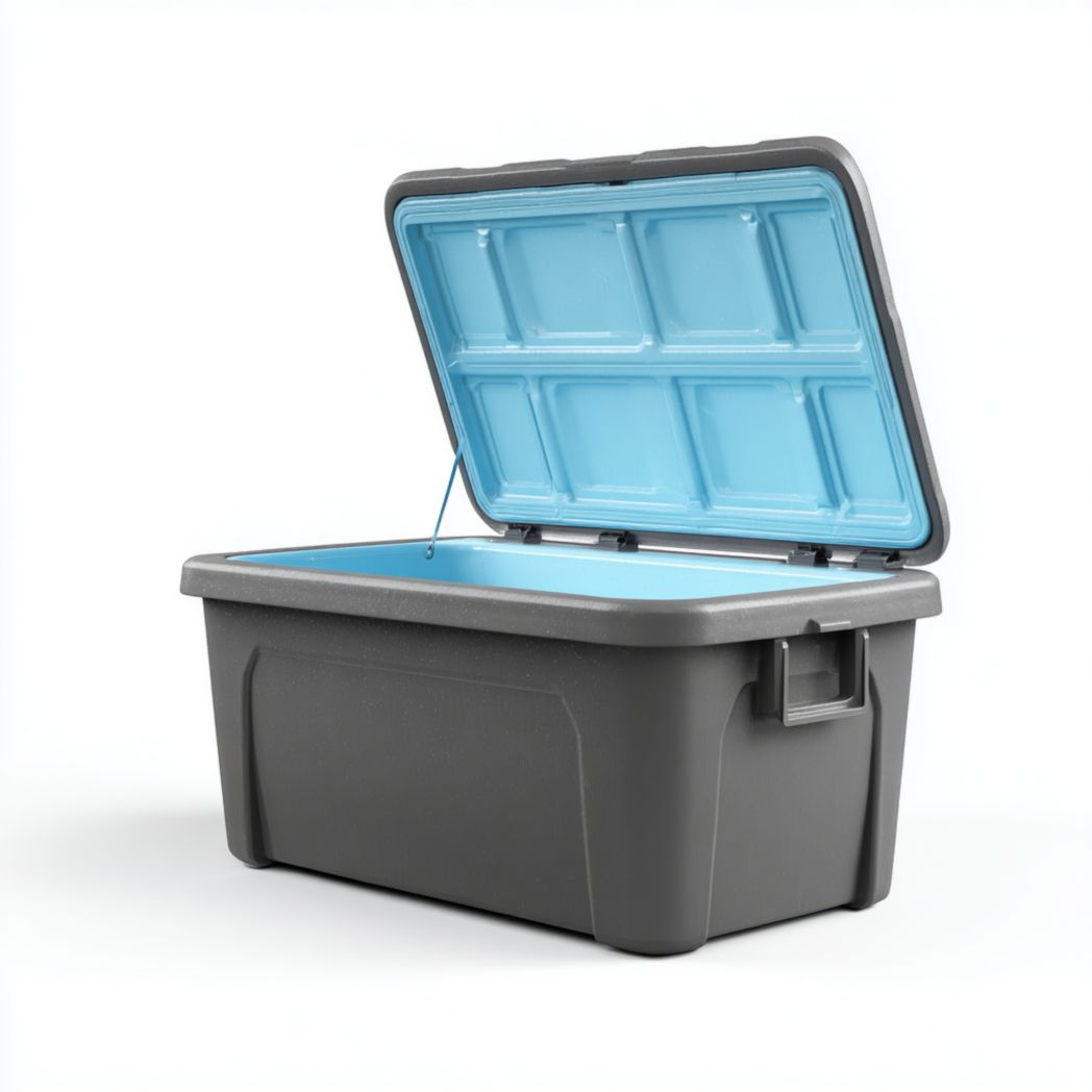 Coffre de jardin en plastique gris foncé avec couvercle bleu basculant