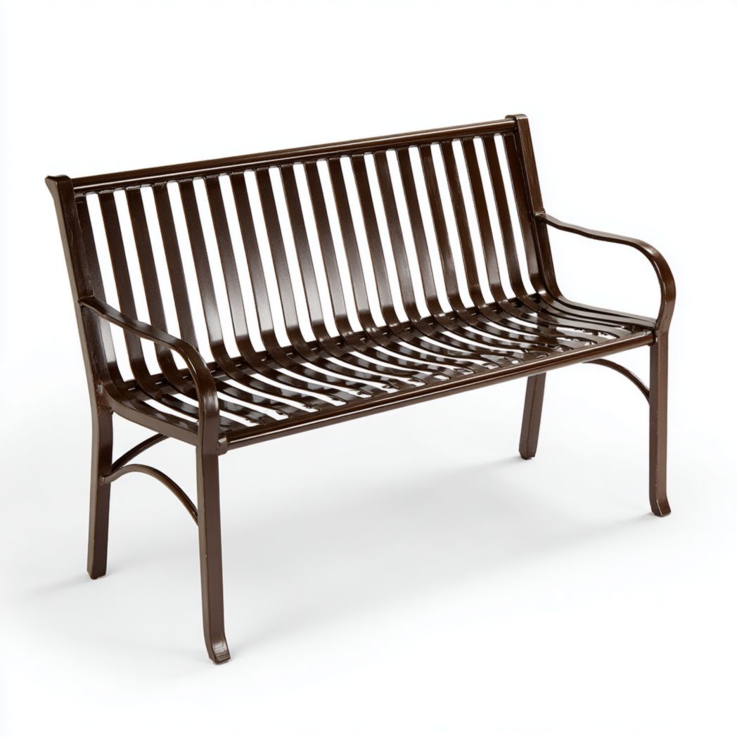 Banc de jardin en métal brun avec dossier et accoudoirs à lattes verticales