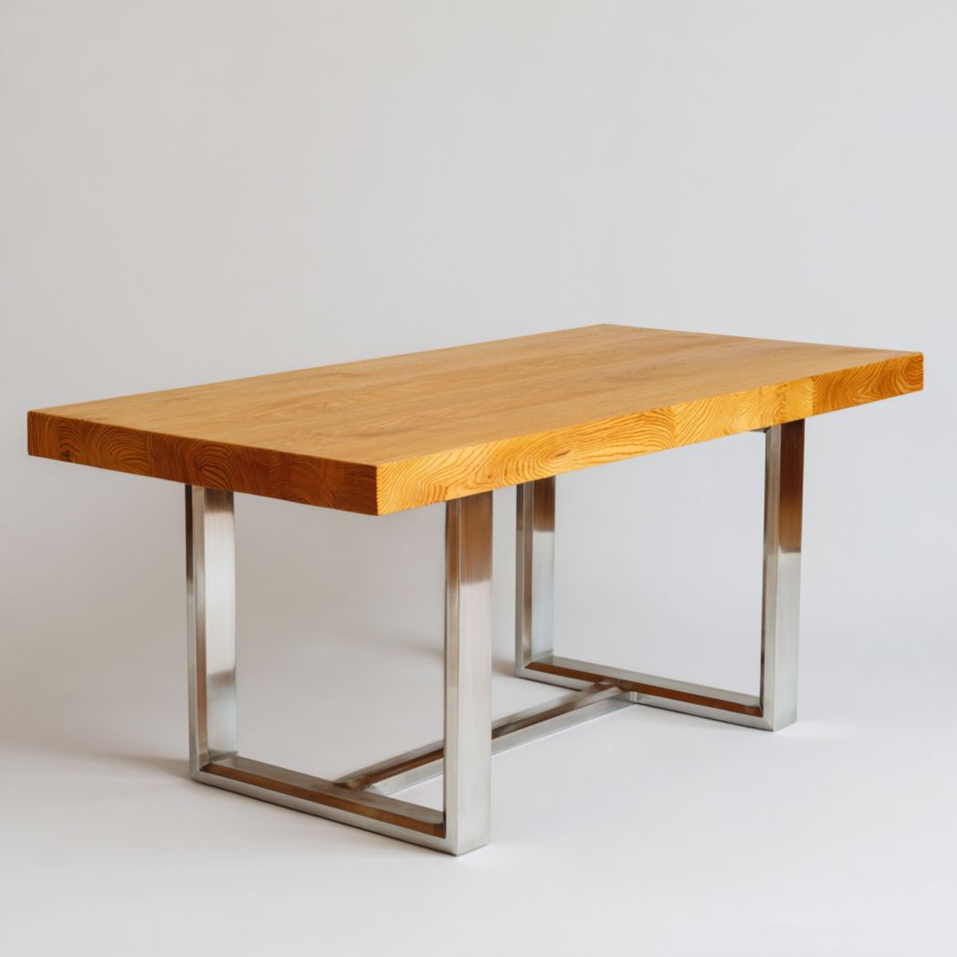 Table à manger rectangulaire plateau bois naturel épais avec piètement métallique argenté en cadre