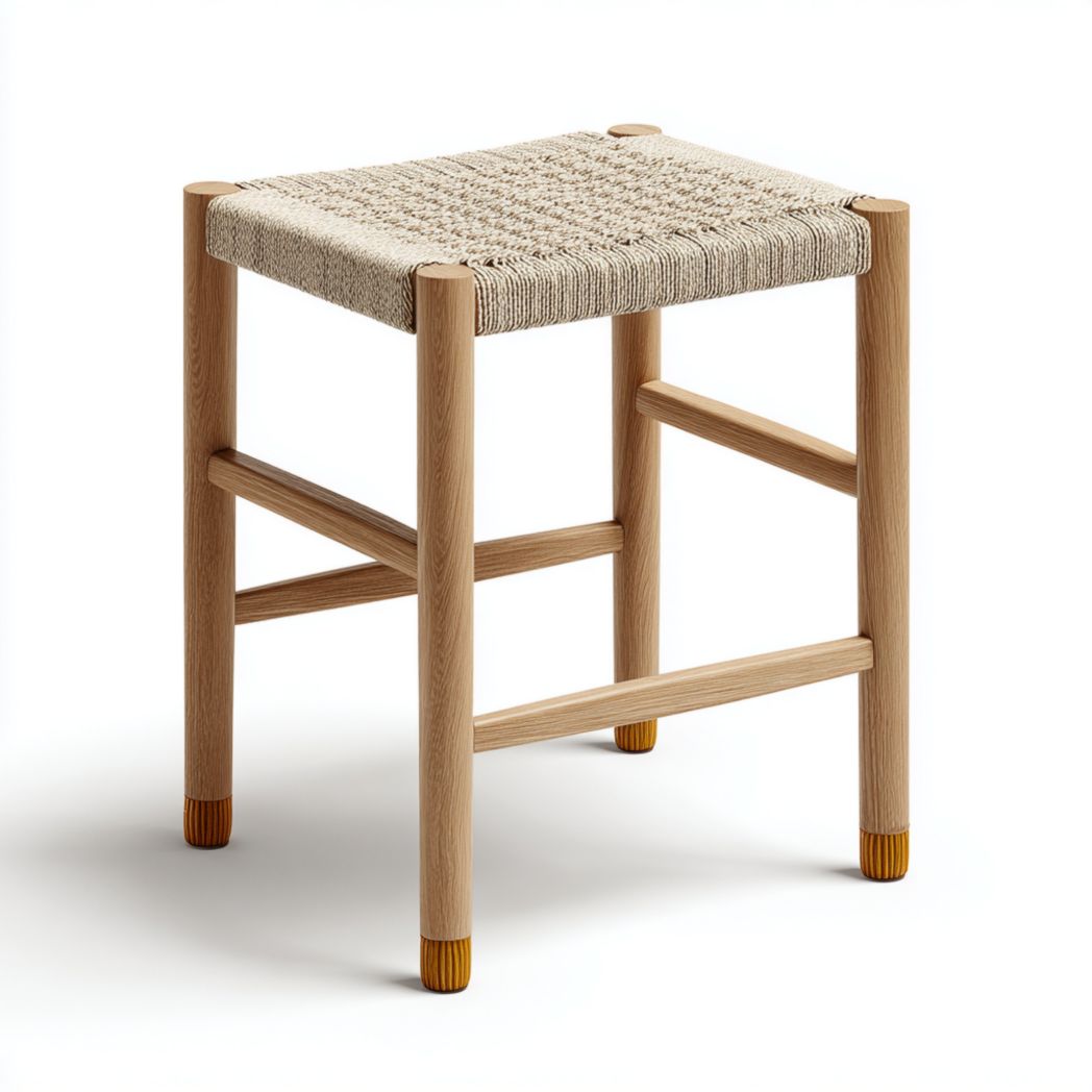 Tabouret carré en bois avec assise tressée claire