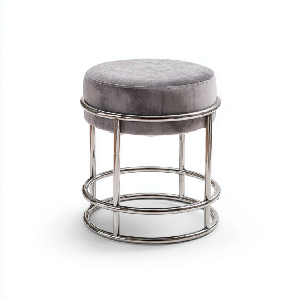 Tabouret rond avec assise rembourrée en tissu gris et structure métallique