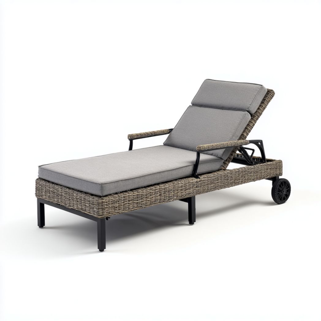 Bain de soleil réglable en rotin tressé avec coussins gris