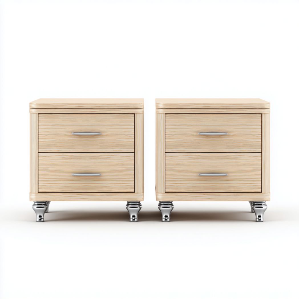 Lot de 2 tables de chevet en bois clair avec tiroirs et pieds métalliques