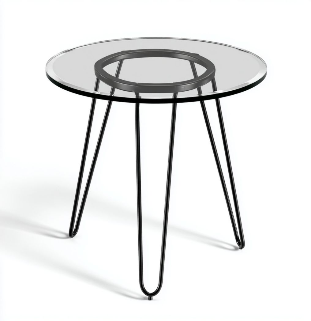 Table d’appoint ronde avec plateau en verre transparent et piètement métallique noir