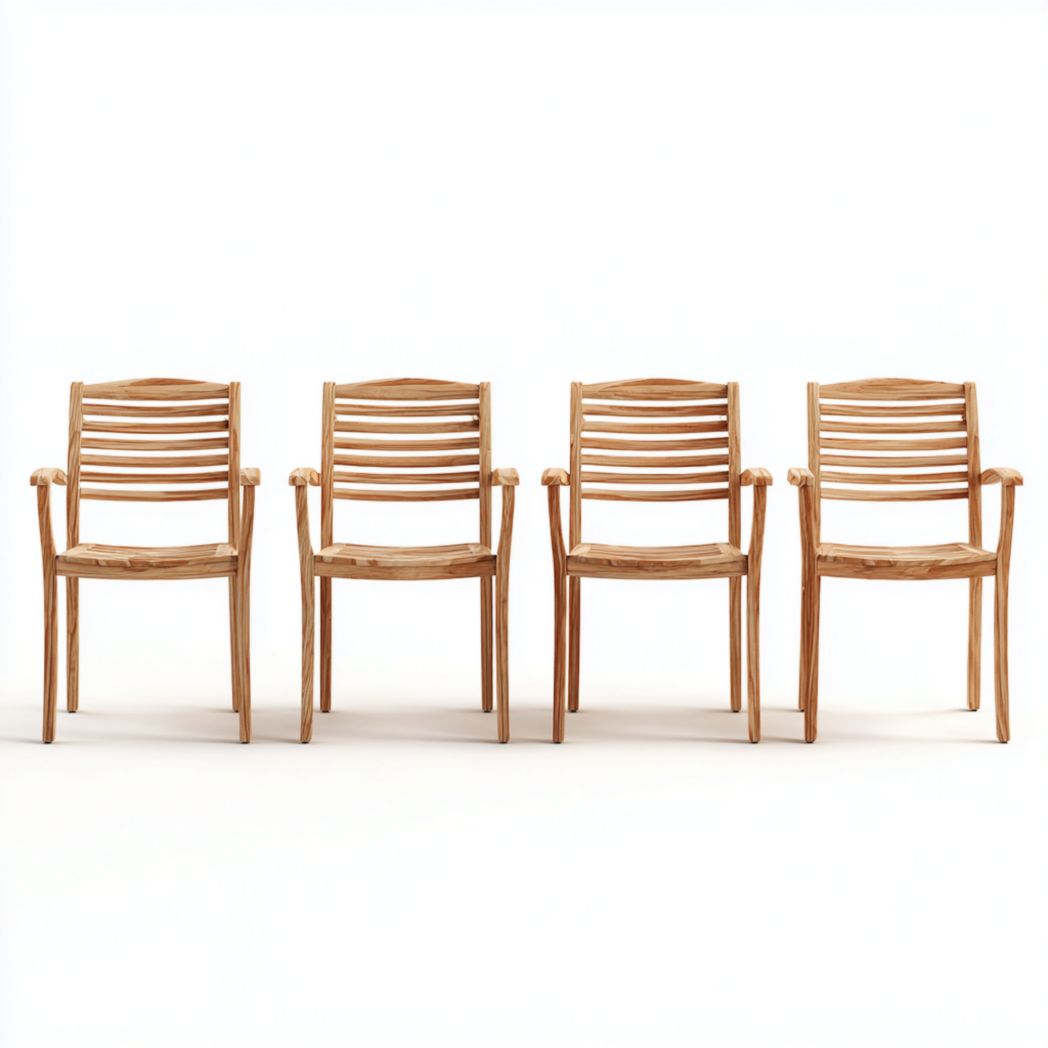 Lot de quatre fauteuils de jardin en bois naturel dossier à lattes