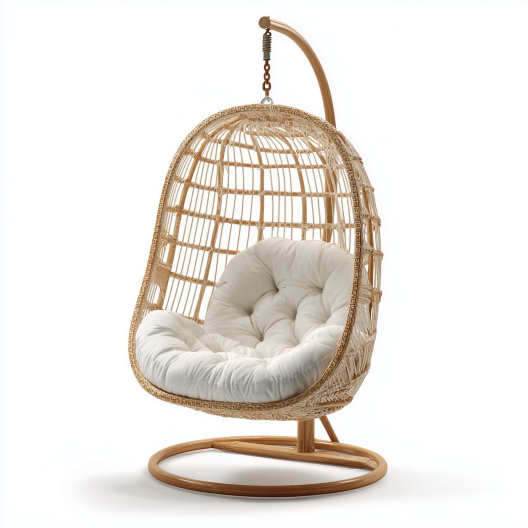 Fauteuil suspendu en rotin avec coussin blanc