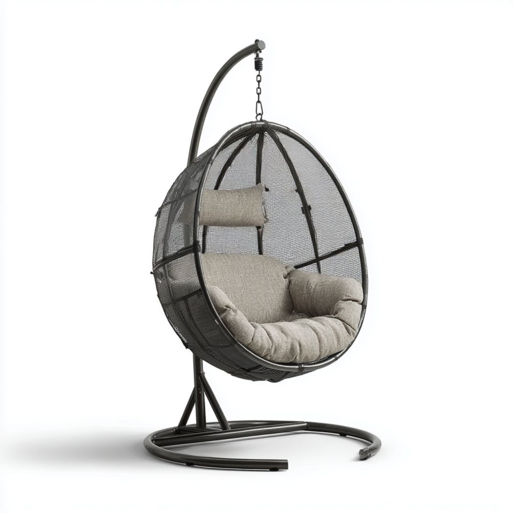 Fauteuil suspendu œuf en métal avec coussins gris