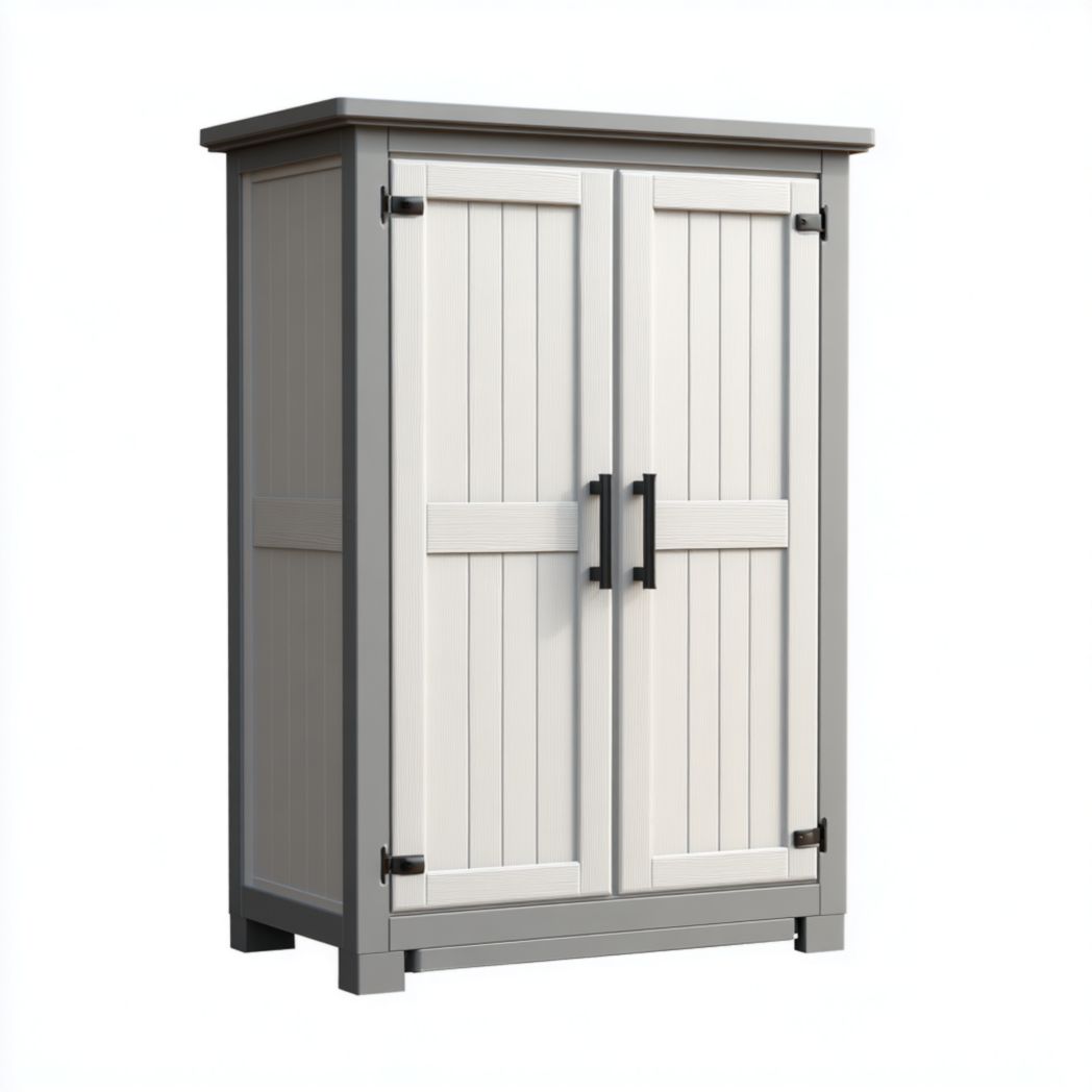 Armoire de jardin en plastique bicolore gris et blanc à deux portes battantes