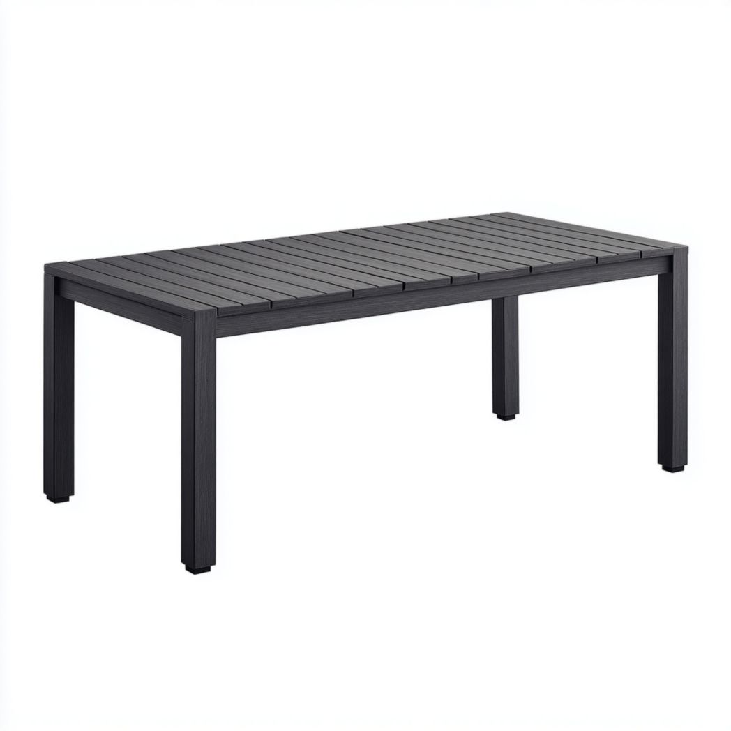 Table de jardin rectangulaire noire, plateau à lattes en bois, cadre droit