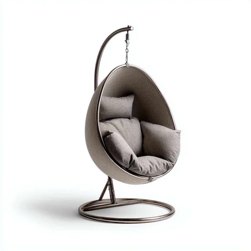 Fauteuil suspendu œuf en tissu avec support métallique et coussins gris