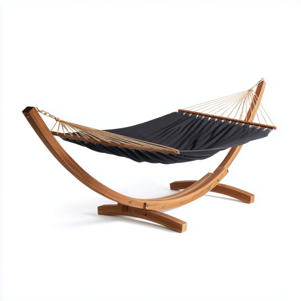 Hamac en toile noire avec support en bois courbé