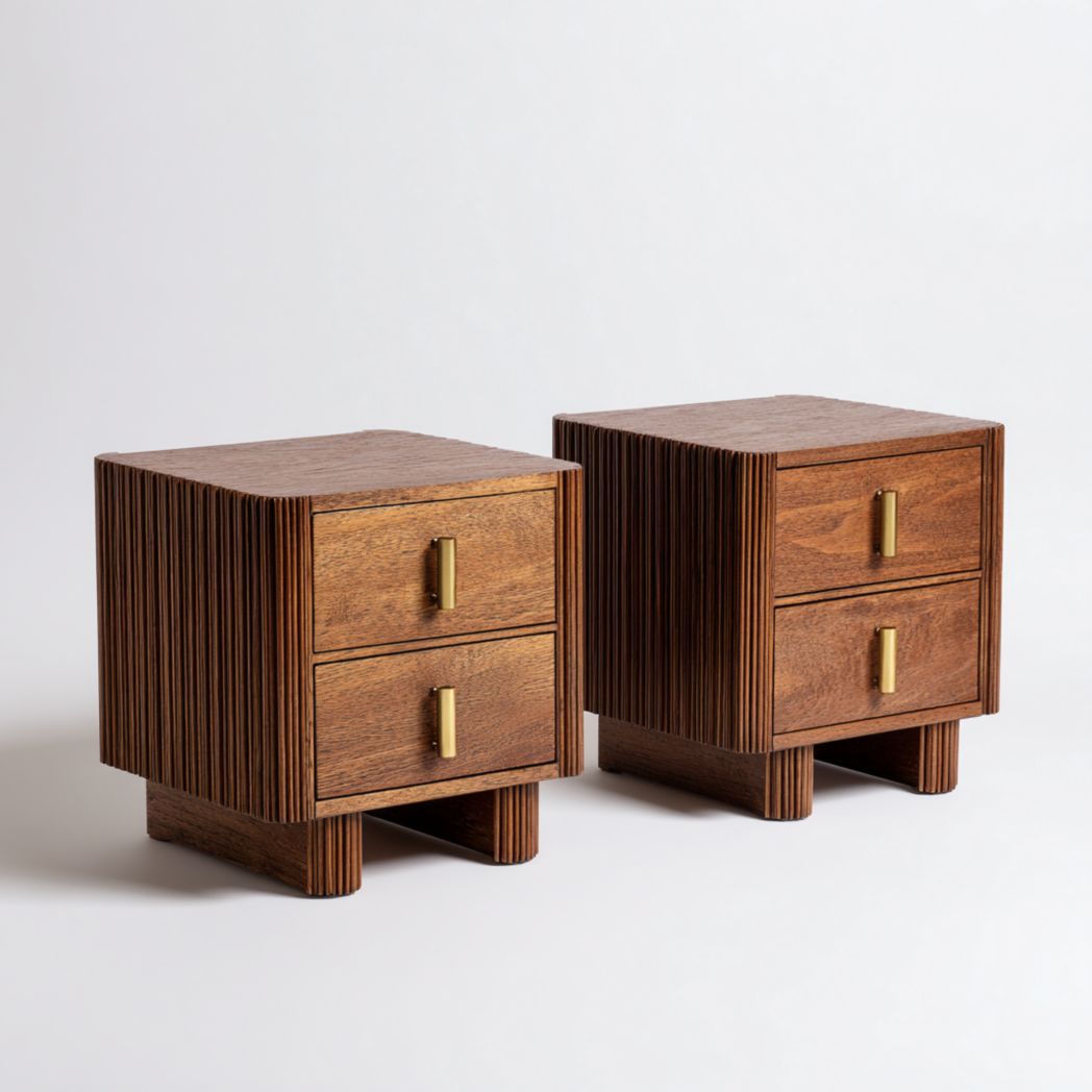 Lot de 2 tables de chevet en bois avec 2 tiroirs et surface à rainures verticales