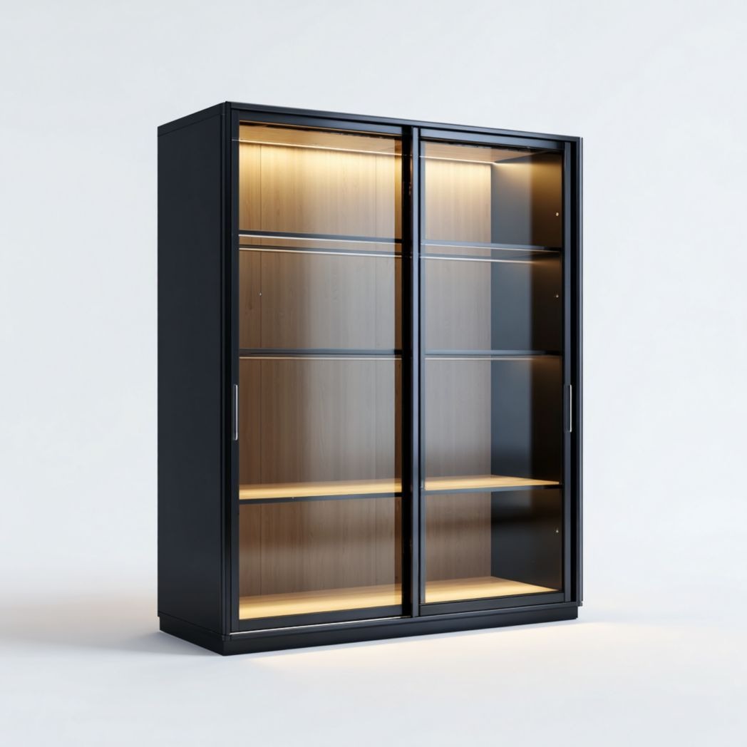 Armoire 2 portes coulissantes noir et bois avec portes vitrées et éclairage LED