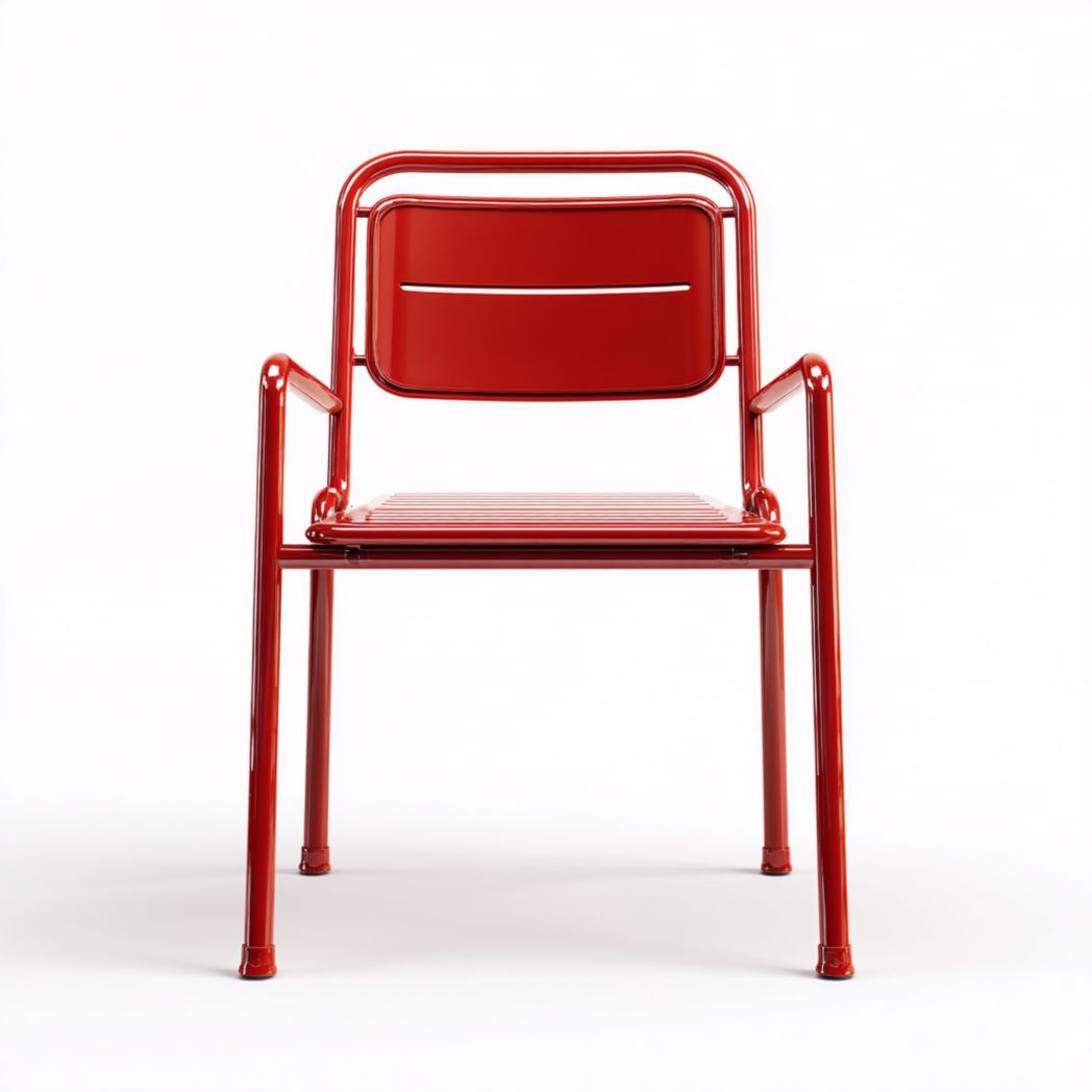 Chaise de jardin en métal rouge avec accoudoirs et dossier à lattes