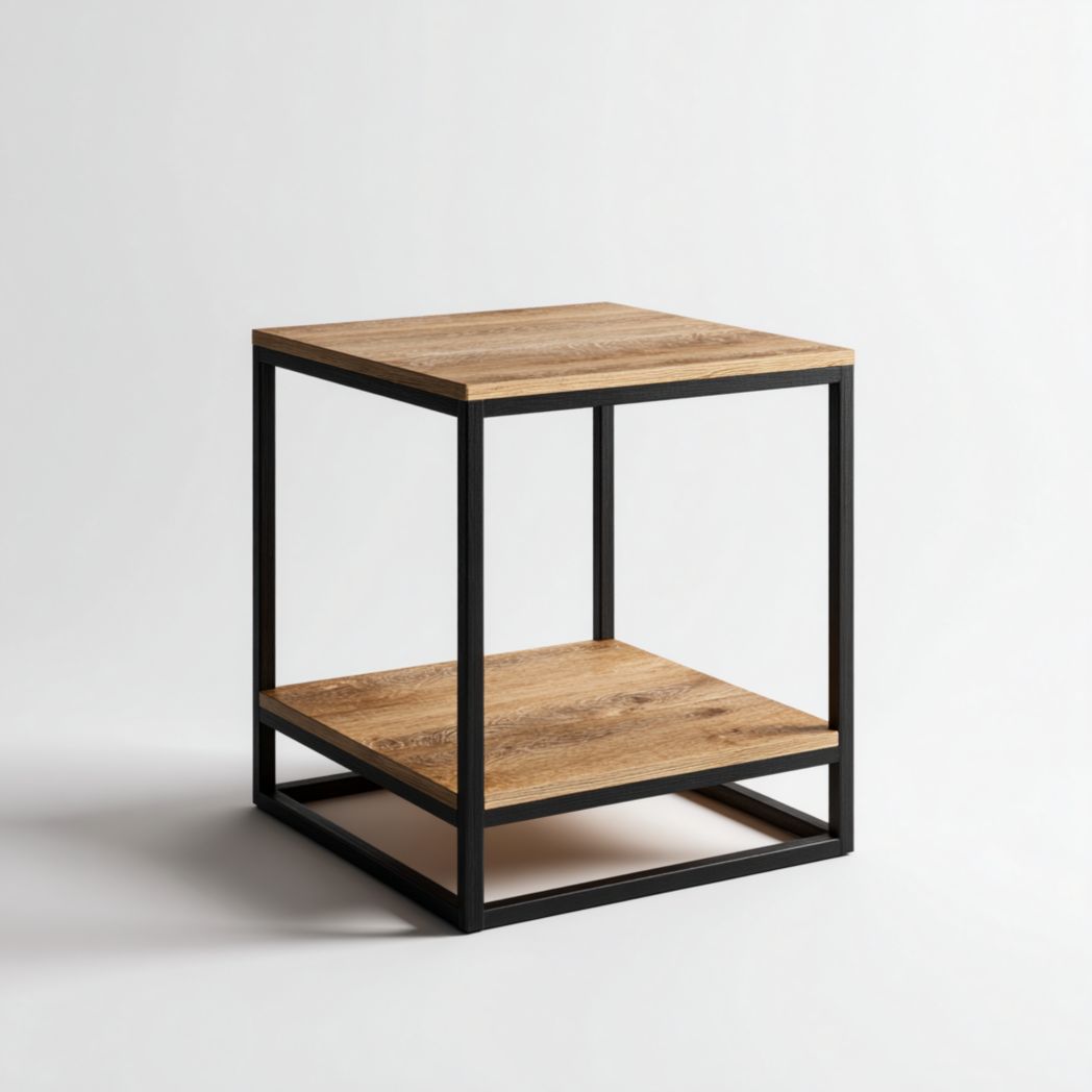 Table d’appoint carrée en métal noir avec double plateau en bois