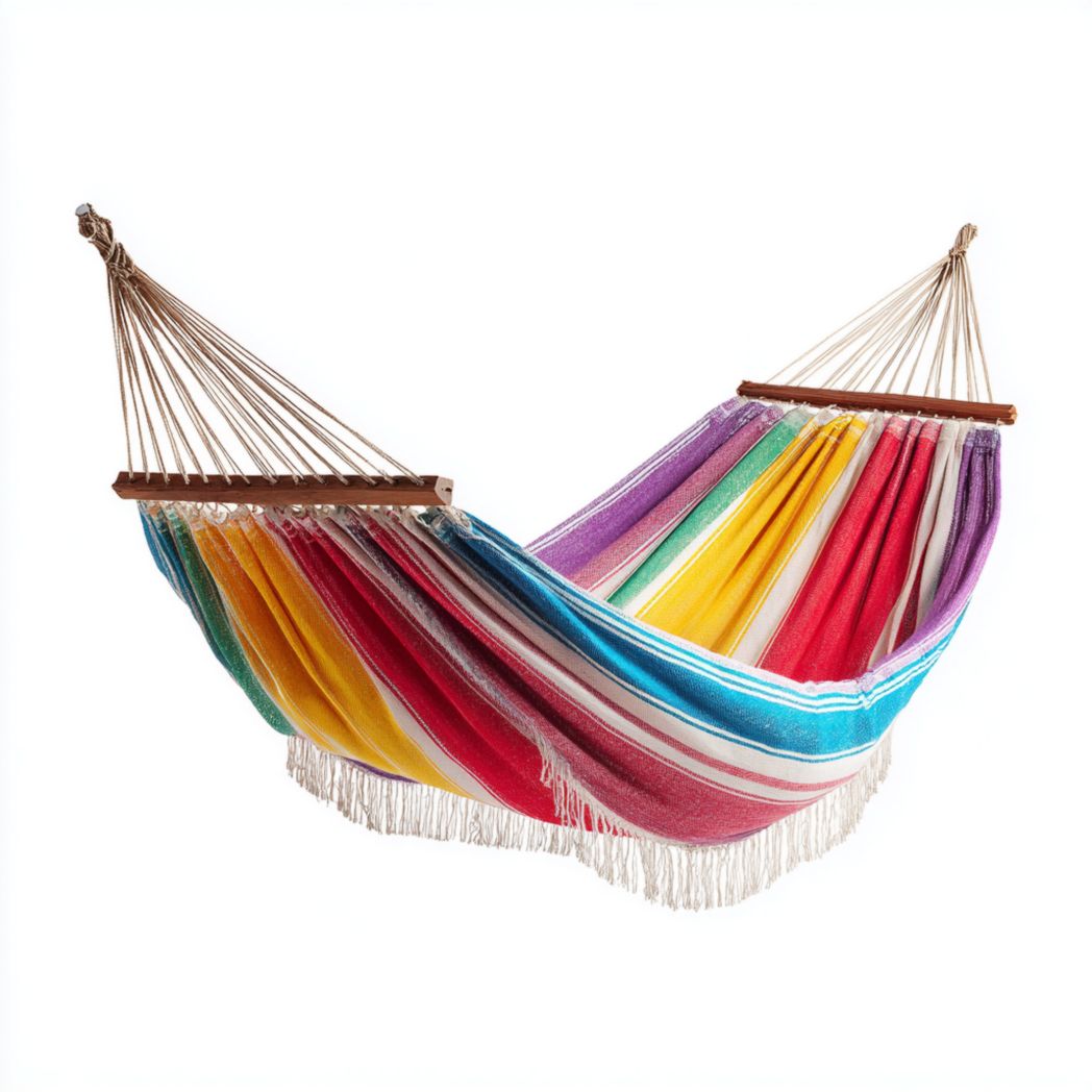 Hamac à rayures multicolores avec barres en bois et bordure à franges