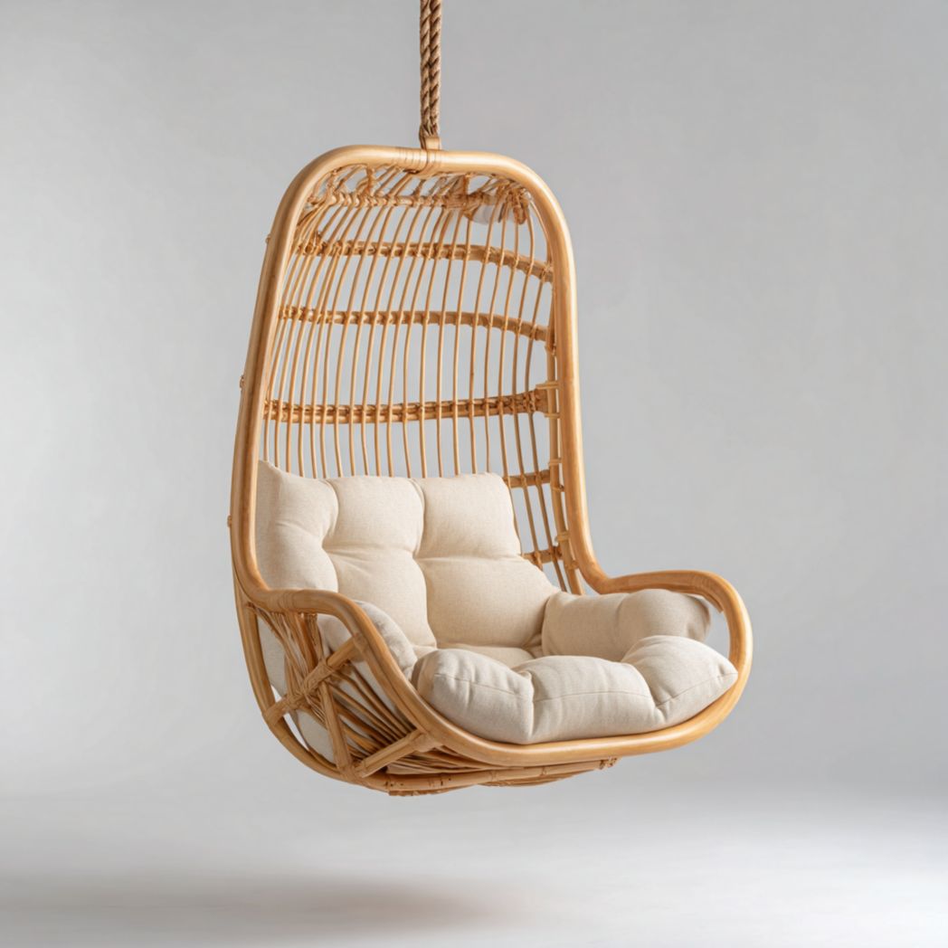 Fauteuil suspendu en rotin naturel avec coussins en tissu beige