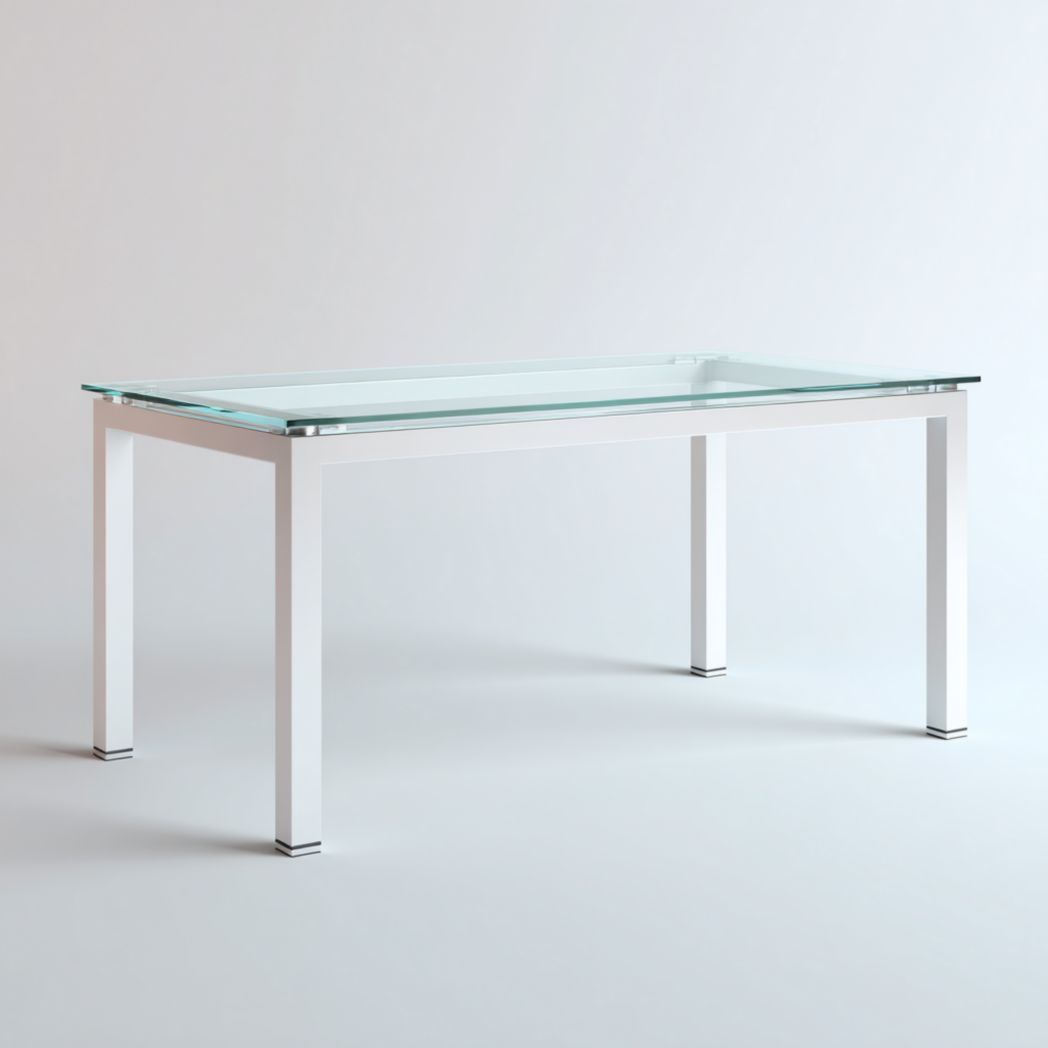 Table de jardin rectangulaire avec cadre en métal blanc et plateau en verre trempé transparent