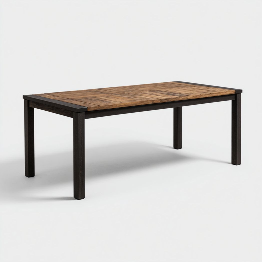 Table de jardin rectangulaire avec cadre en métal noir et plateau en bois marron à motifs assemblés