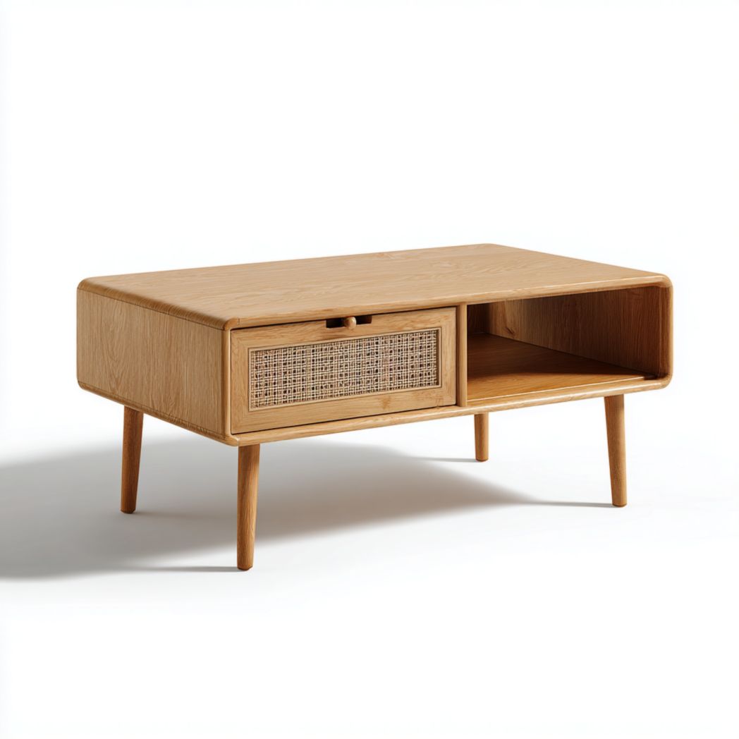 Table basse rectangulaire en bois clair avec tiroir en rotin et compartiment ouvert