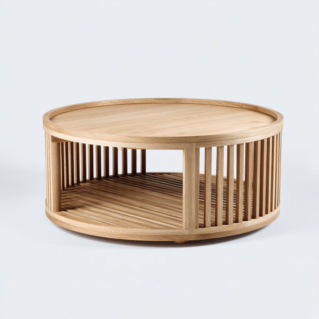 Table basse ronde en bois clair avec côtés ajourés et tablette inférieure