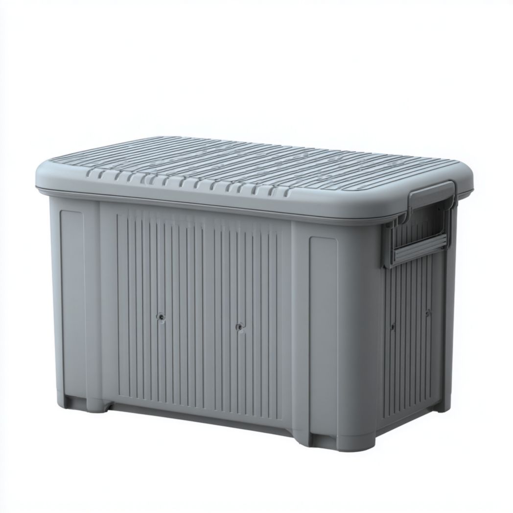 Coffre de jardin rectangulaire en plastique gris avec couvercle rabattable et poignées latérales