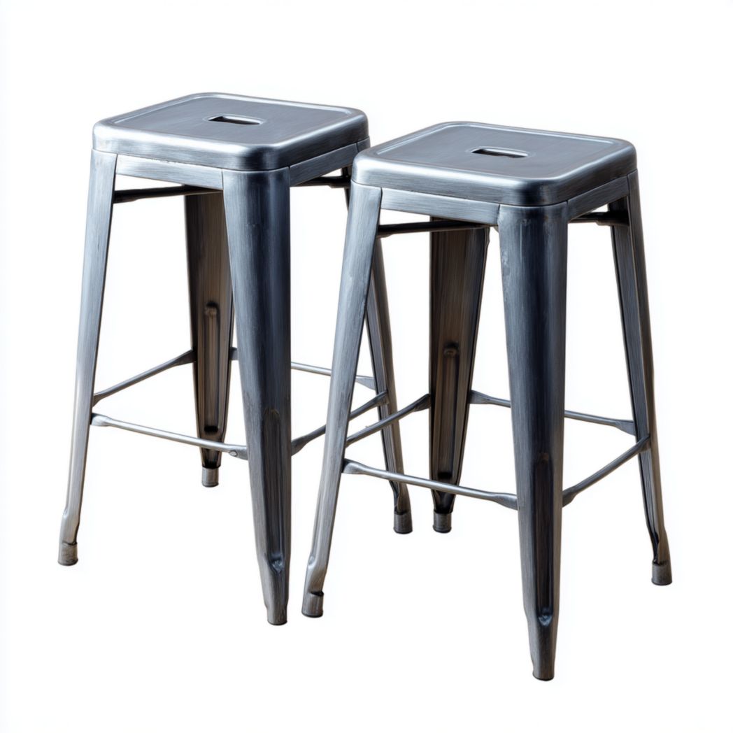 Lot de deux tabourets hauts carrés en métal gris avec ouverture centrale