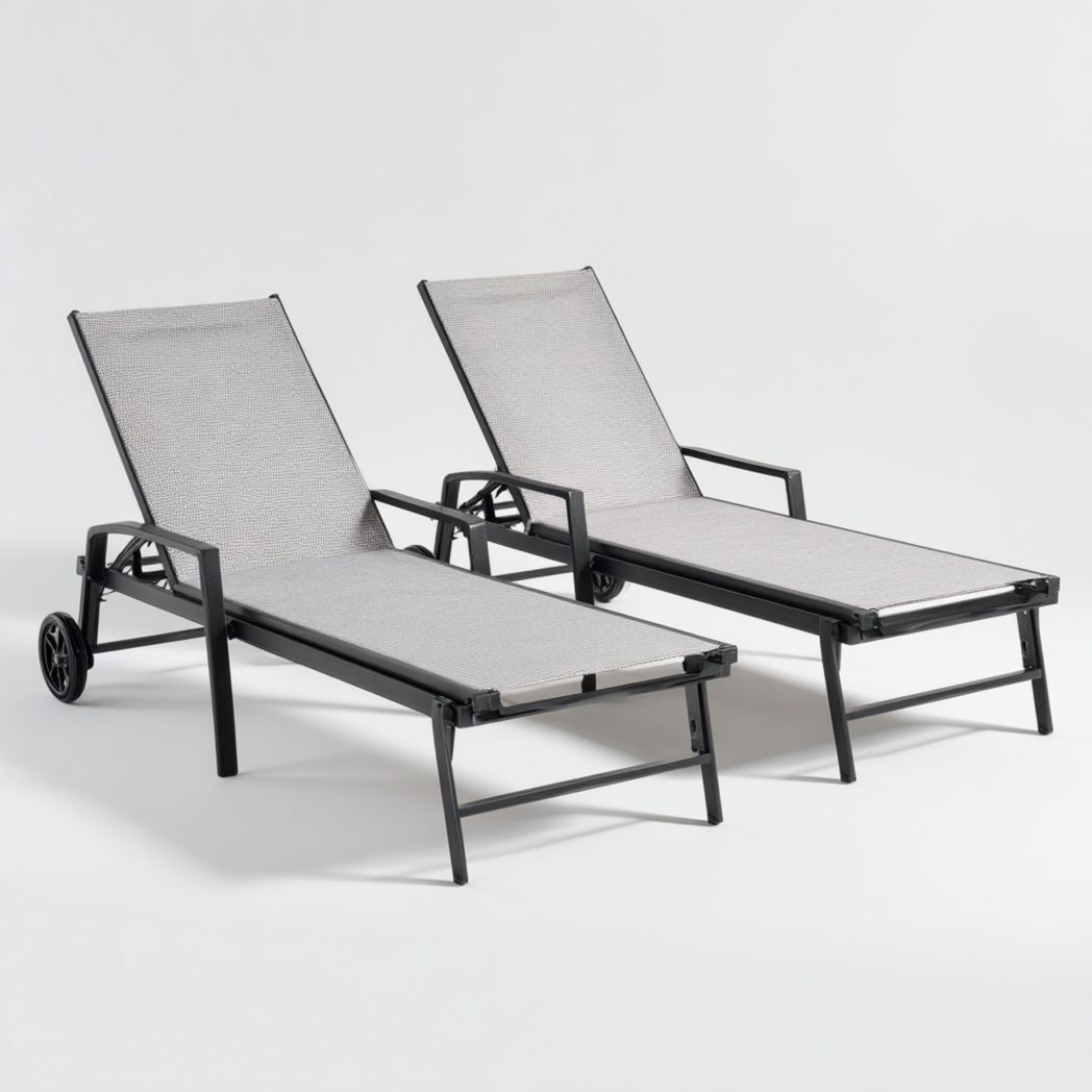 Lot de deux bains de soleil en métal noir avec revêtement en tissu gris